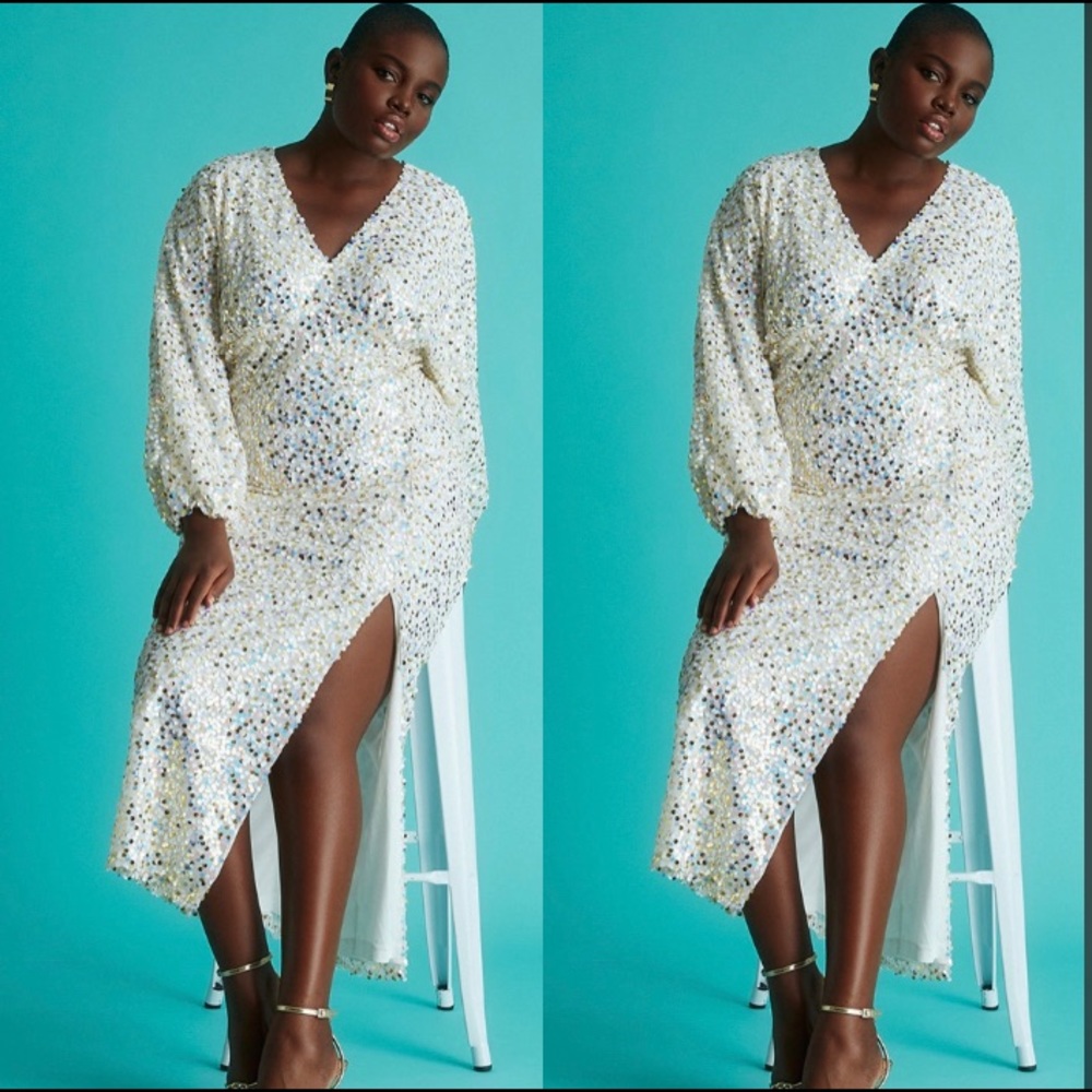 Eloquii Plus-Size White Sequin Ball Gown with Puff Sleeves, Sl